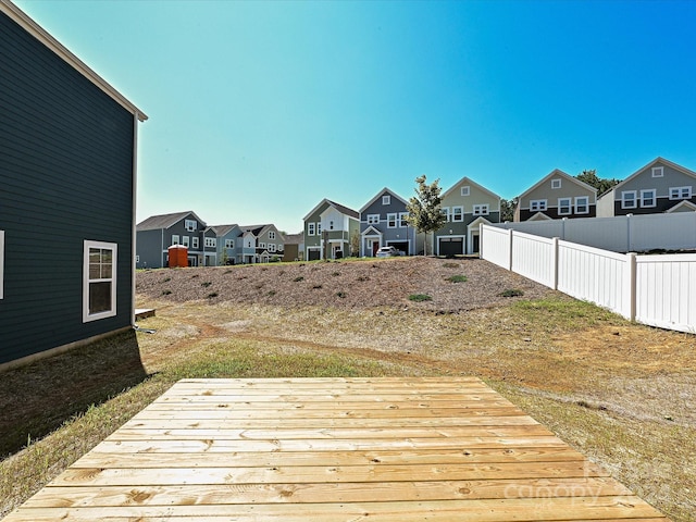 deck featuring a residential view and fence