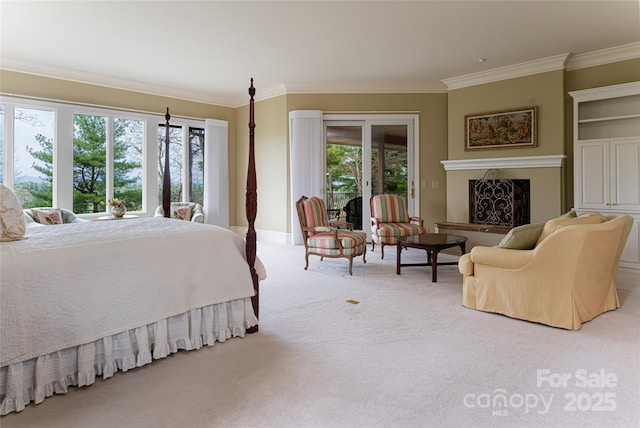 bedroom featuring light carpet, access to outside, and ornamental molding