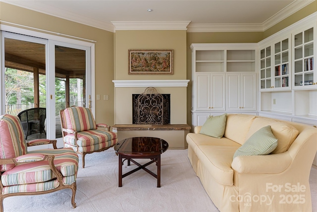 carpeted living room featuring crown molding