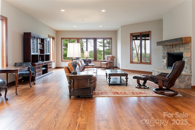 living room with a fireplace and light hardwood / wood-style floors