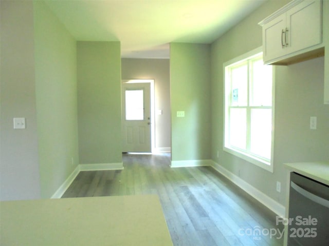 interior space featuring white cabinetry, dishwashing machine, and light wood-type flooring