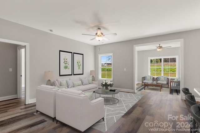 living room featuring ceiling fan, a wealth of natural light, and wood-type flooring