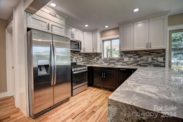 kitchen featuring appliances with stainless steel finishes, tasteful backsplash, light wood-type flooring, and a healthy amount of sunlight