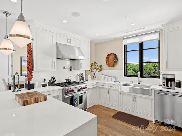 kitchen featuring hanging light fixtures, light hardwood / wood-style flooring, stainless steel appliances, white cabinets, and sink