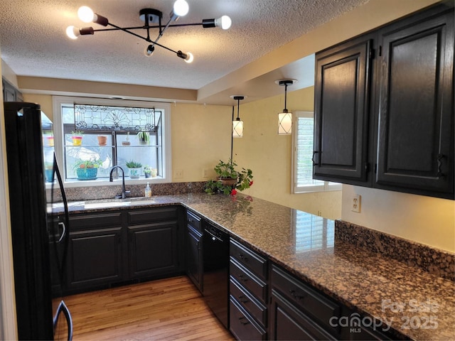 kitchen with pendant lighting, light hardwood / wood-style flooring, black appliances, a textured ceiling, and dark stone counters