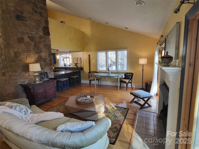 living room featuring hardwood / wood-style flooring and high vaulted ceiling