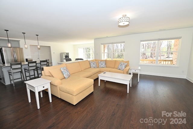 living room featuring a wealth of natural light and dark hardwood / wood-style flooring