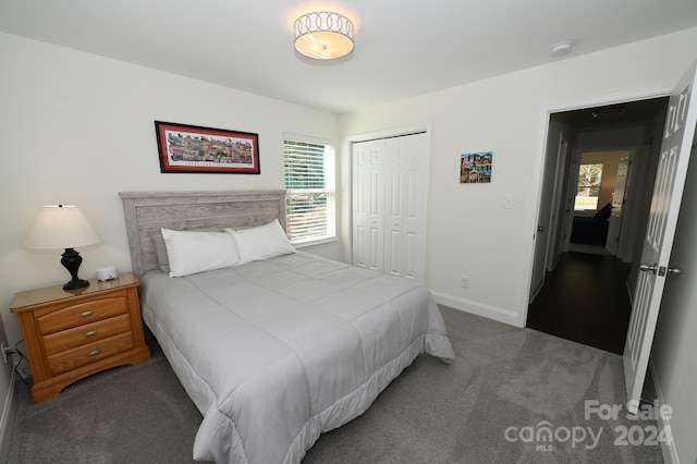 bedroom featuring a closet and dark colored carpet