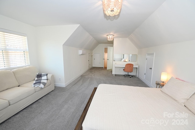 bedroom with light colored carpet and lofted ceiling