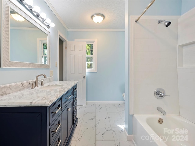111 Bobby Lee Ln Unit 18, Mooresville, NC 28115 - bathroom featuring marble look tile flooring, vanity, toilet, ornamental molding, and bathing tub / shower combination