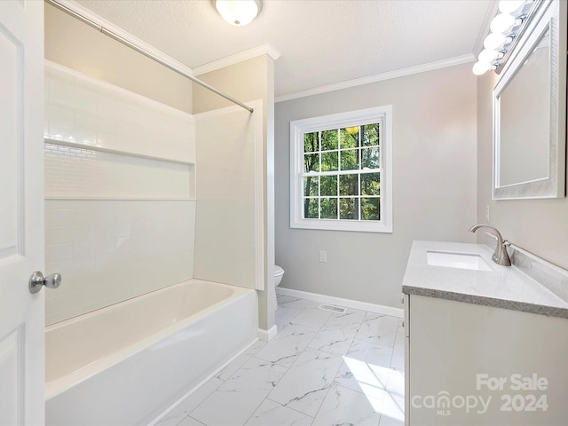 full bathroom featuring toilet, crown molding,  shower combination, vanity, and a textured ceiling