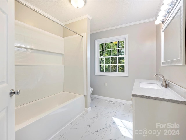 111 Bobby Lee Ln Unit 18, Mooresville, NC 28115 - bathroom featuring ornamental molding, vanity, toilet, marble look tile flooring, and bathing tub / shower combination