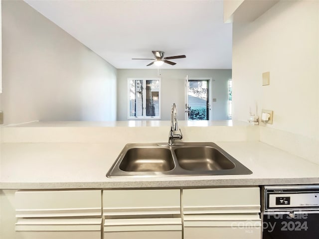 kitchen with ceiling fan, dishwashing machine, and sink