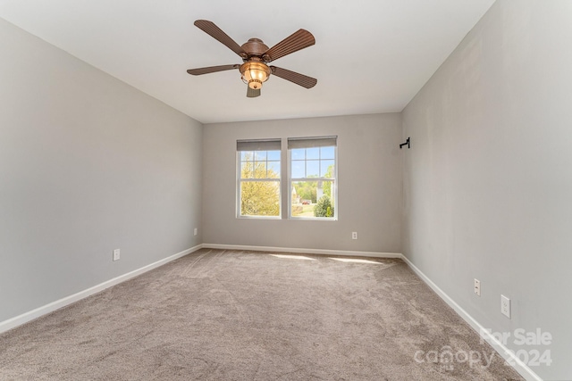 empty room featuring ceiling fan and carpet