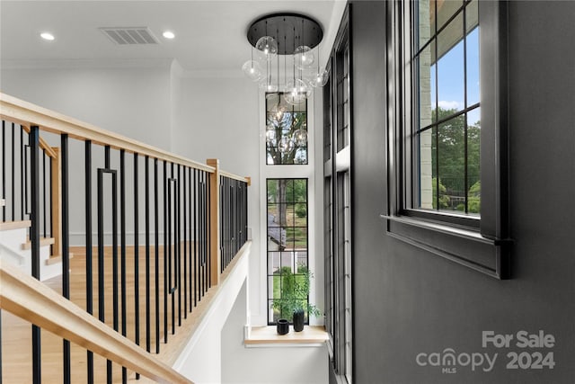 interior space featuring wood-type flooring, plenty of natural light, and crown molding