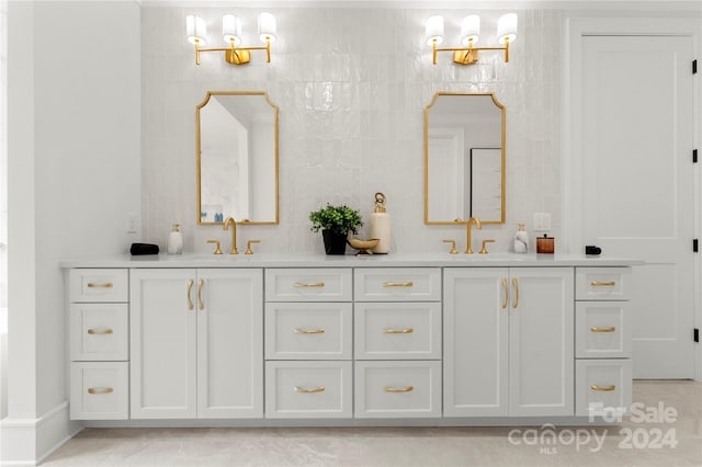 bathroom featuring dual bowl vanity and tile floors