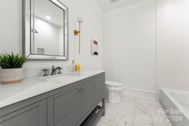 bathroom featuring tile flooring, crown molding, oversized vanity, and toilet