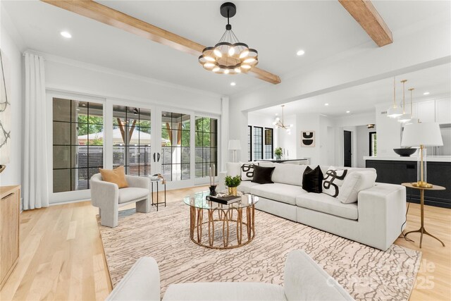 4142 Pineview Rd, Charlotte, NC 28211 - living room with a chandelier, beamed ceiling, light wood-style flooring, and recessed lighting