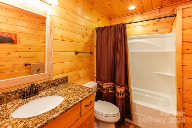 full bathroom with oversized vanity, wood walls, shower / bath combination with curtain, toilet, and wood ceiling