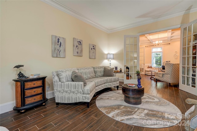 living room featuring a notable chandelier, french doors, dark hardwood / wood-style floors, and ornamental molding