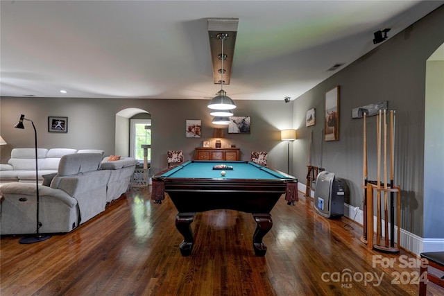 recreation room with dark wood-type flooring and billiards