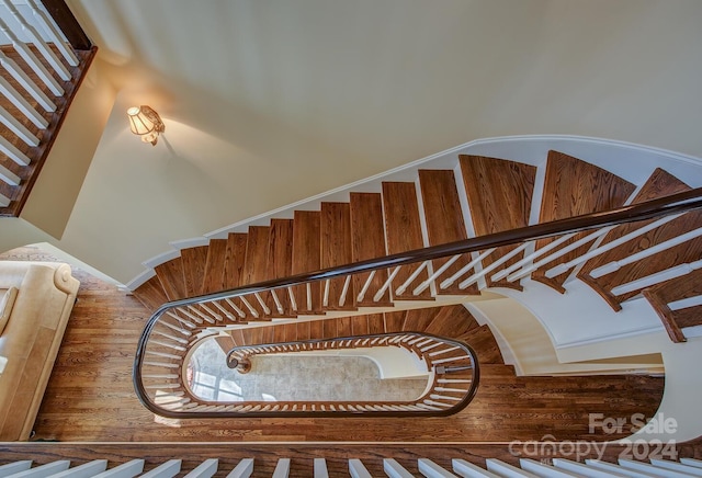 stairway with hardwood / wood-style floors