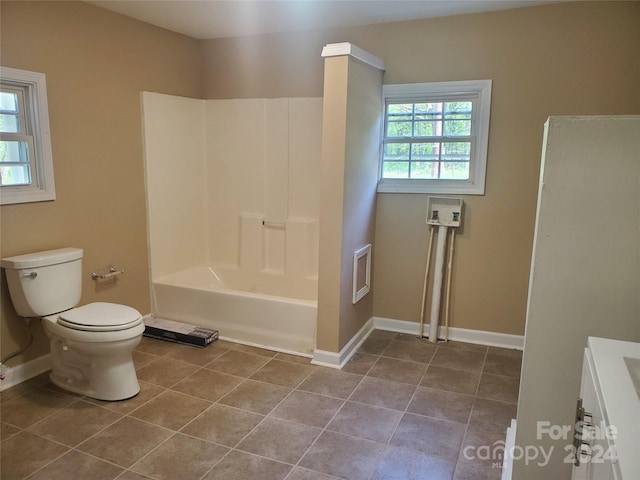 full bathroom with vanity, bathing tub / shower combination, toilet, and tile flooring