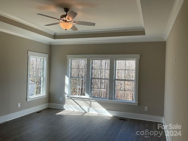 spare room with dark wood-type flooring, ceiling fan, a raised ceiling, and crown molding