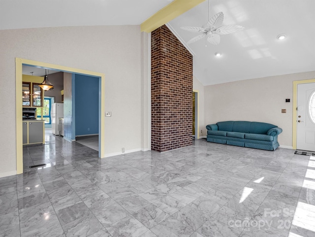 unfurnished living room featuring high vaulted ceiling, ceiling fan, brick wall, beamed ceiling, and light tile floors