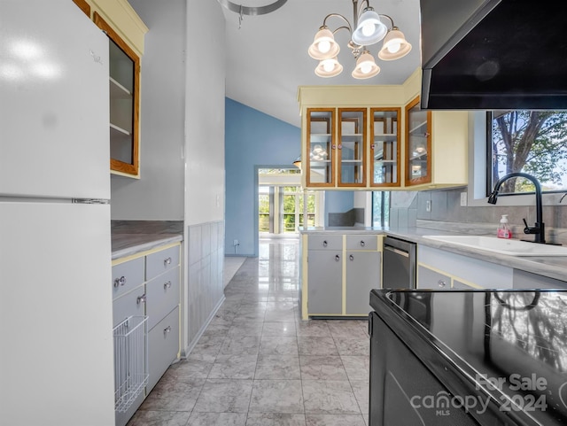 kitchen with light tile floors, white fridge, sink, tasteful backsplash, and black range with electric cooktop