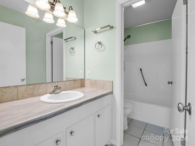 full bathroom featuring shower / bathtub combination, vanity with extensive cabinet space, toilet, and tile flooring