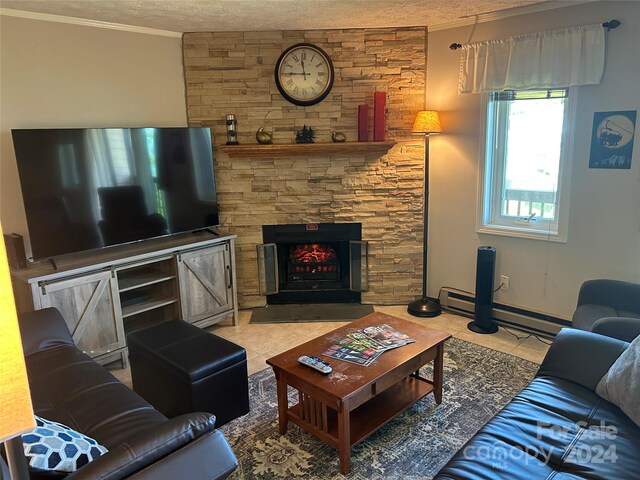 living room featuring a baseboard radiator, a stone fireplace, light tile floors, and a textured ceiling