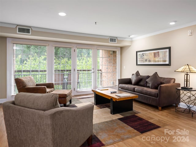 living room featuring light hardwood / wood-style flooring, a wealth of natural light, and ornamental molding