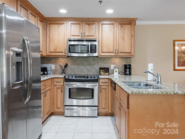 kitchen featuring light tile floors, sink, stainless steel appliances, ornamental molding, and light stone countertops