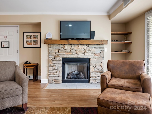 living room featuring crown molding, light wood-type flooring, and a fireplace