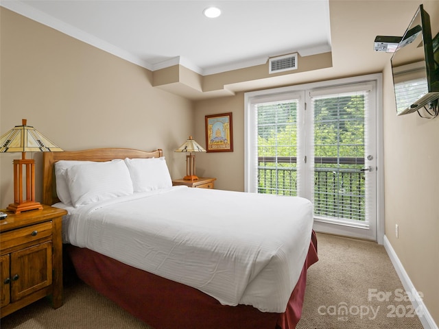 bedroom with light colored carpet, a tray ceiling, access to exterior, and multiple windows