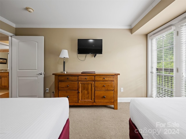 bedroom featuring light colored carpet and ornamental molding