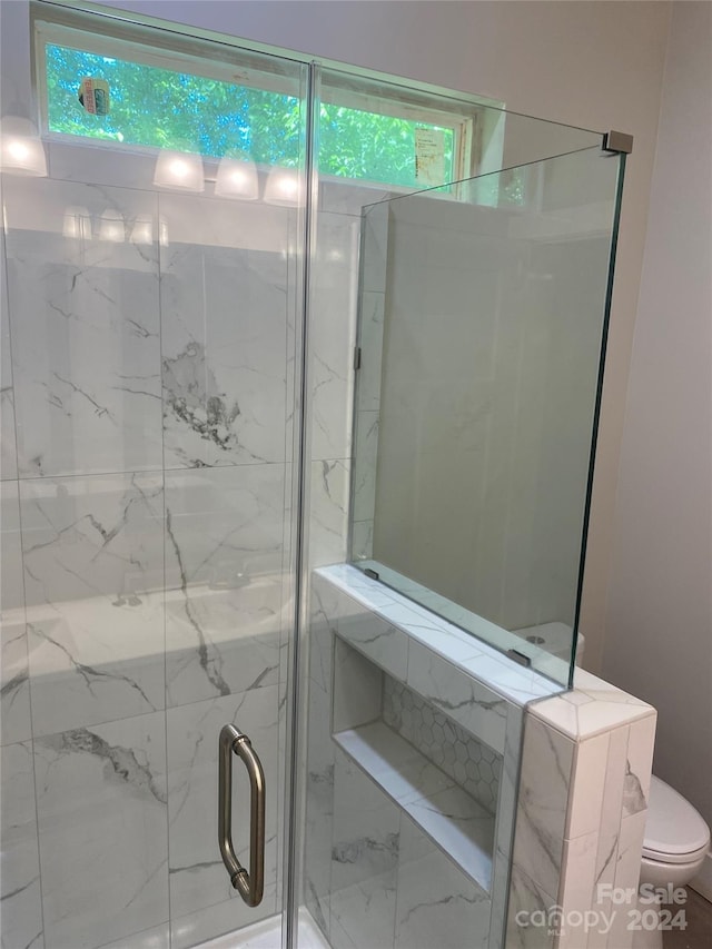 bathroom featuring walk in shower, toilet, and a wealth of natural light