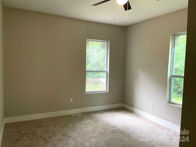 spare room featuring a wealth of natural light, ceiling fan, and carpet floors