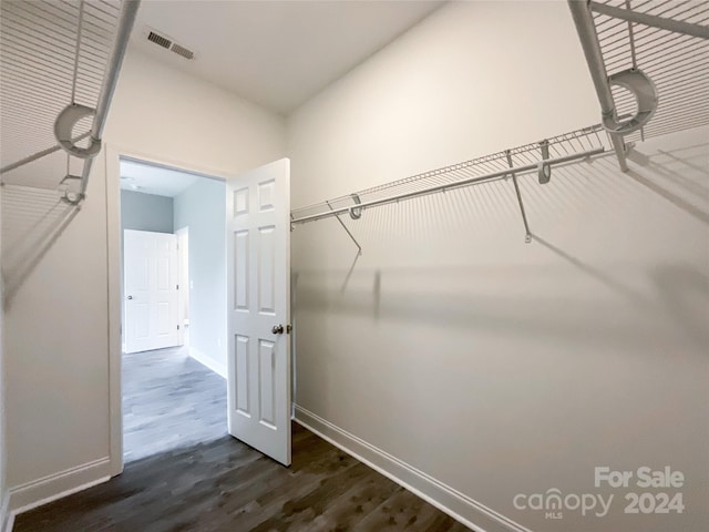 spacious closet featuring dark hardwood / wood-style flooring