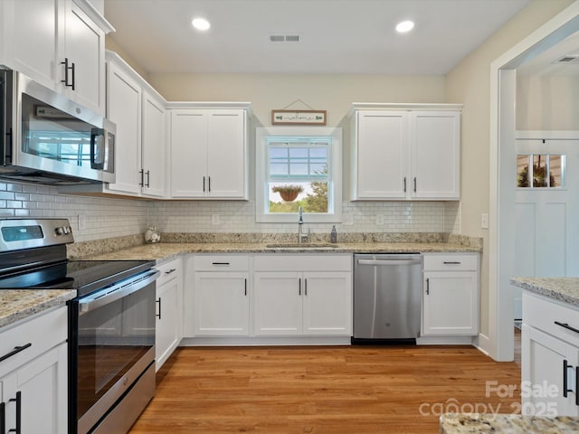 kitchen featuring appliances with stainless steel finishes, sink, white cabinets, and backsplash