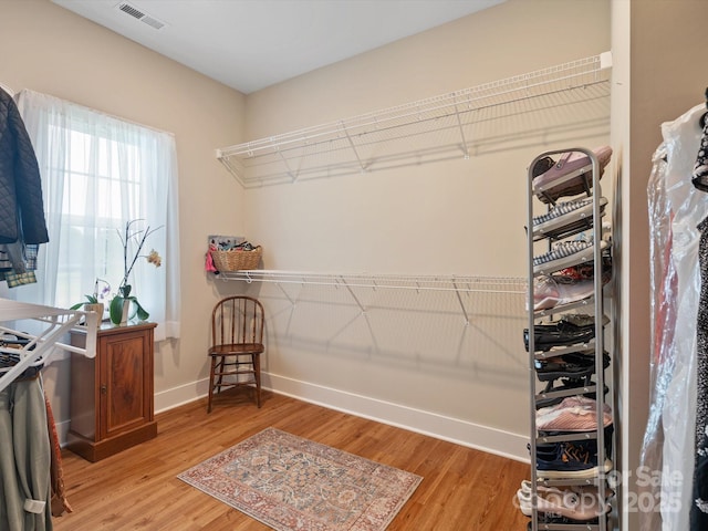 walk in closet with light wood-type flooring