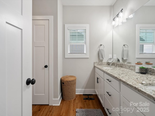 bathroom with hardwood / wood-style flooring, plenty of natural light, and vanity