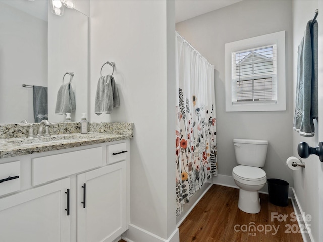 bathroom featuring a shower with curtain, vanity, toilet, and wood-type flooring