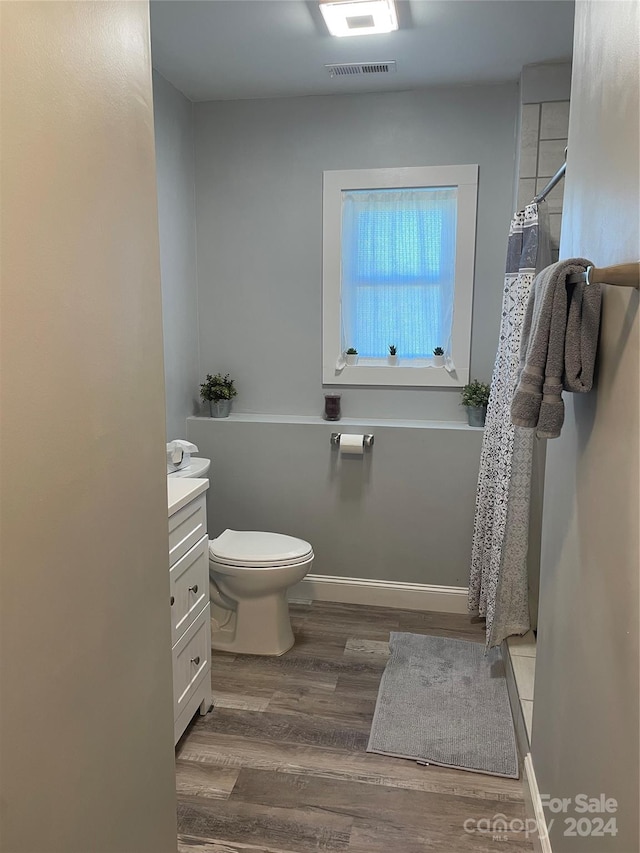 bathroom featuring hardwood / wood-style floors, vanity, and toilet