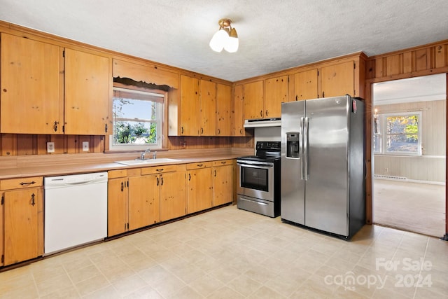 kitchen with a textured ceiling, plenty of natural light, sink, and stainless steel appliances