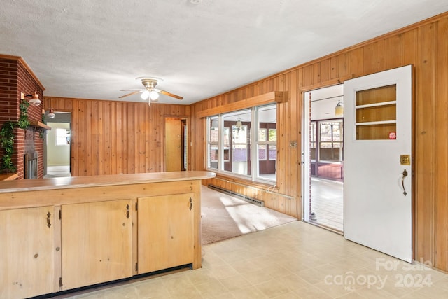 kitchen featuring a fireplace, a wealth of natural light, and wood walls