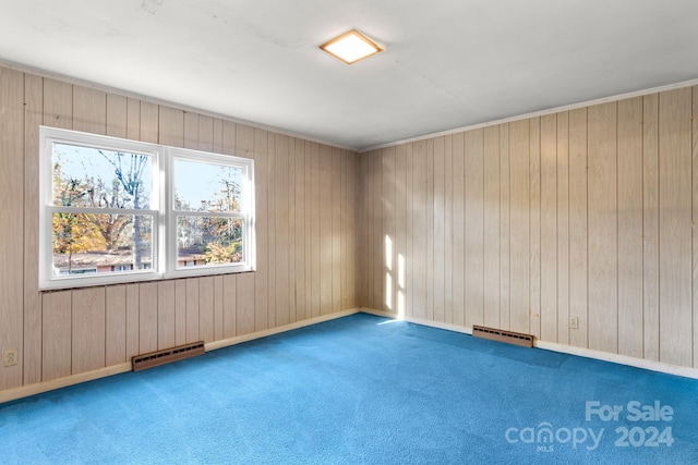 carpeted spare room featuring wood walls