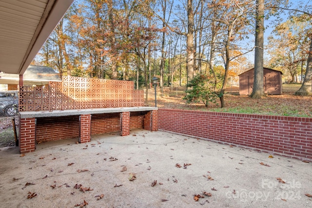 view of patio with a storage unit