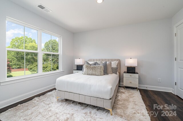 bedroom featuring dark wood-type flooring and multiple windows